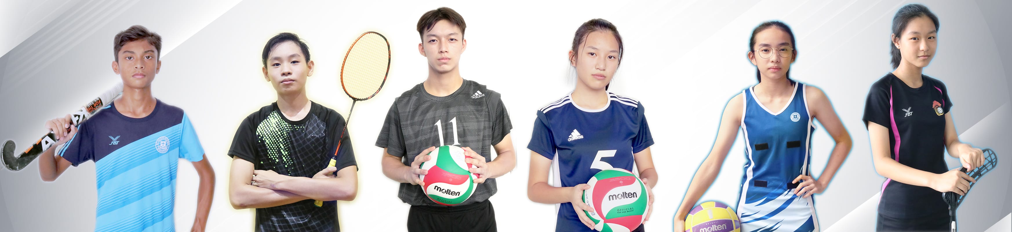 Seven young athletes pose with sports equipment including hockey sticks, a badminton racket, and volleyballs.